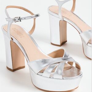 Schutz Silver Metallic Prata Keefa Platform Sandals Heels | Size 9